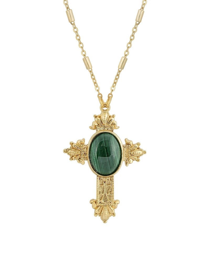 Symbols of Faith 14K Gold Dipped Oval Semi Precious Genuine Green Malachite Cross 28" Necklace