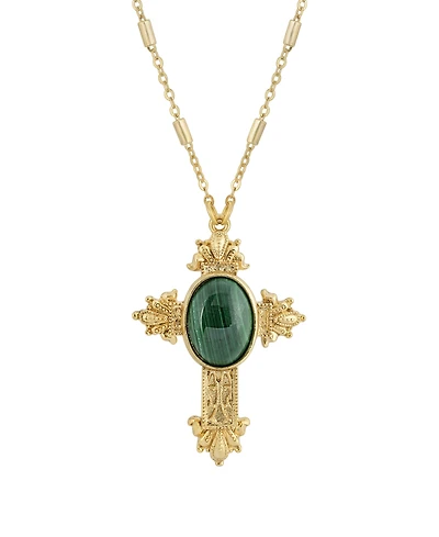 Symbols of Faith 14K Gold Dipped Oval Semi Precious Genuine Green Malachite Cross 28" Necklace