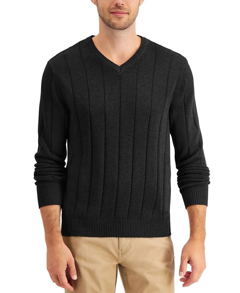 Club Room Men's Drop-Needle V-Neck Cotton Sweater, Created for Macy's