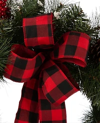 Glitzhome Led Pre-Lit Greenery Buffalo Bow Berry Holly Pine Cone Rattan Ornament Wreath