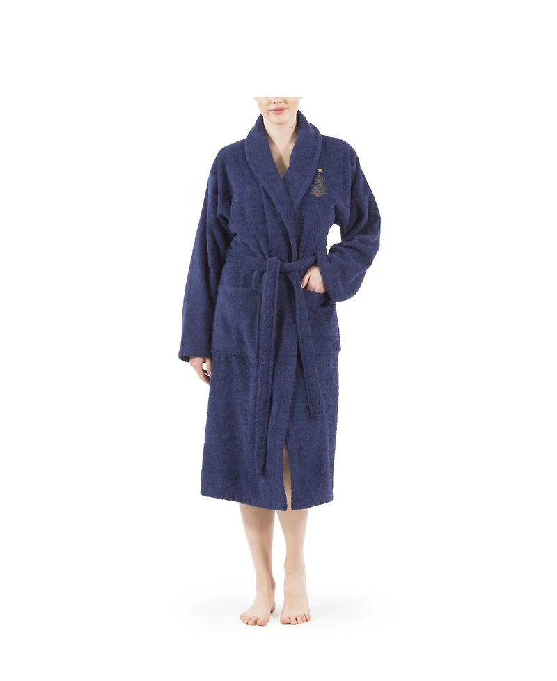 Linum Home Christmas Tree Design Embroidered Terry Bathrobe