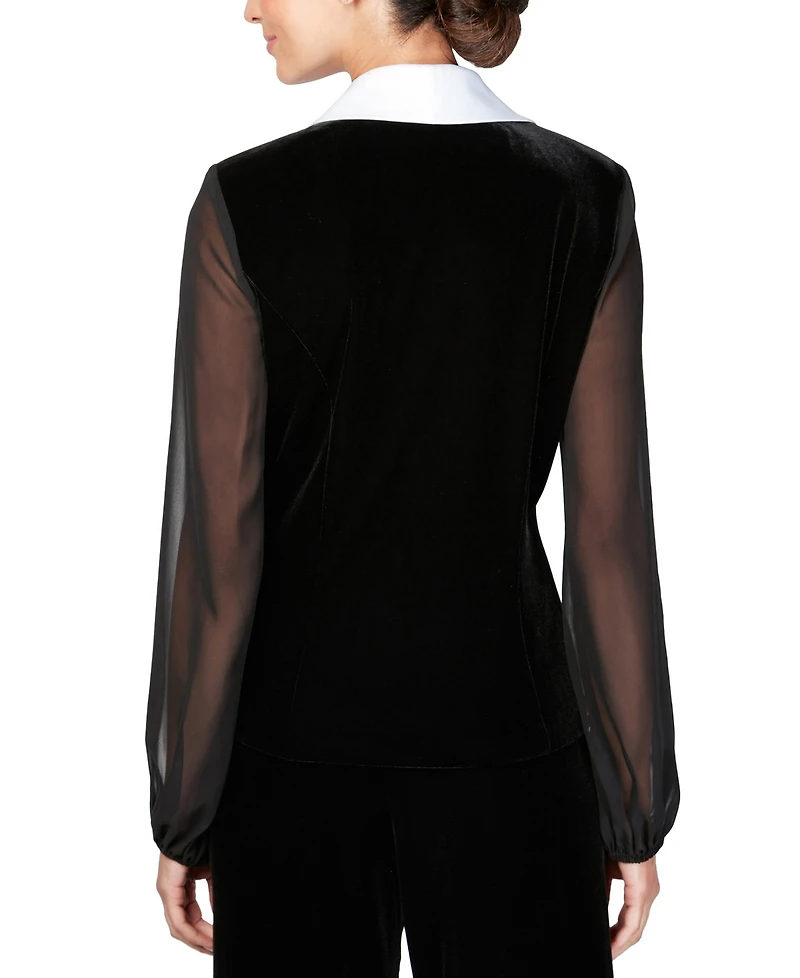 Alex Evenings Women's Velvet Side-Button Satin-Lapel Blouse