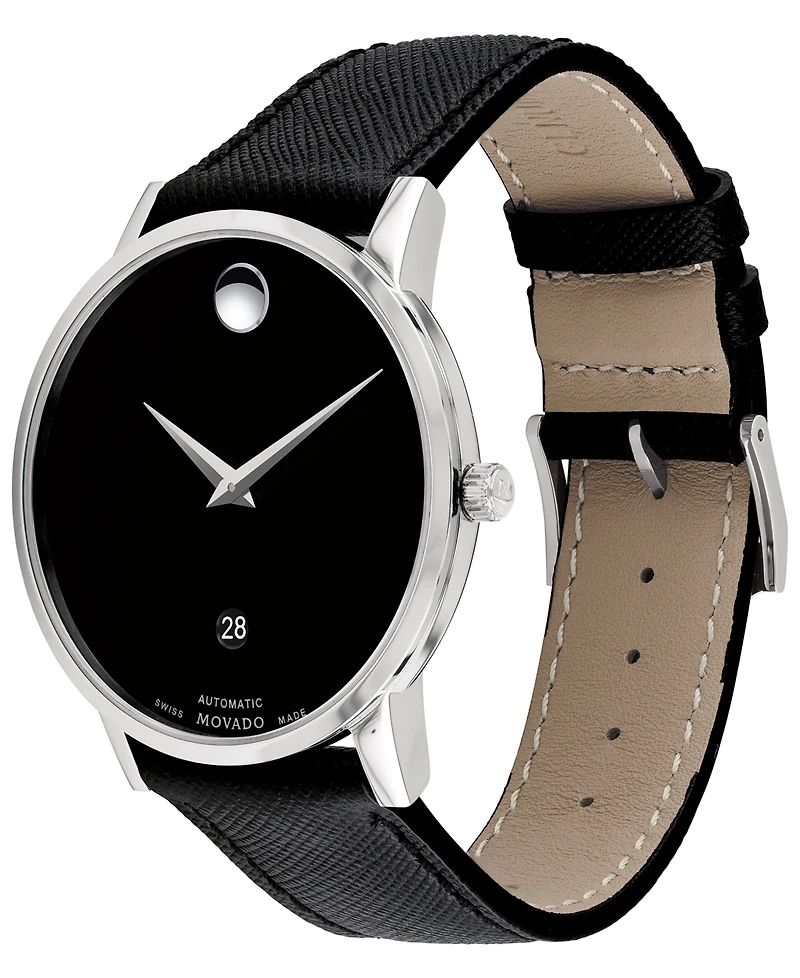 Movado Men's Swiss Automatic Museum Black Calfskin Leather Strap Watch 40mm