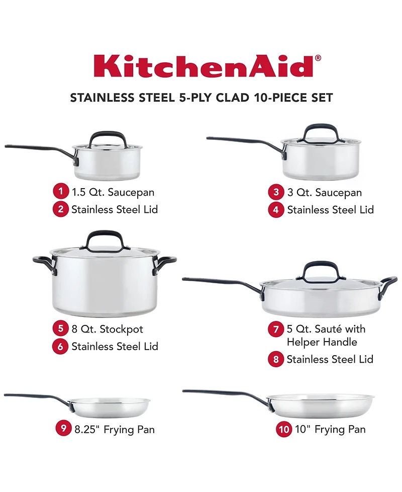 KitchenAid 5-Ply Clad Stainless Steel 10 Piece Cookware Induction Pots and Pans Set