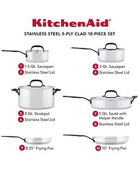 KitchenAid 5-Ply Clad Stainless Steel 10 Piece Cookware Induction Pots and Pans Set