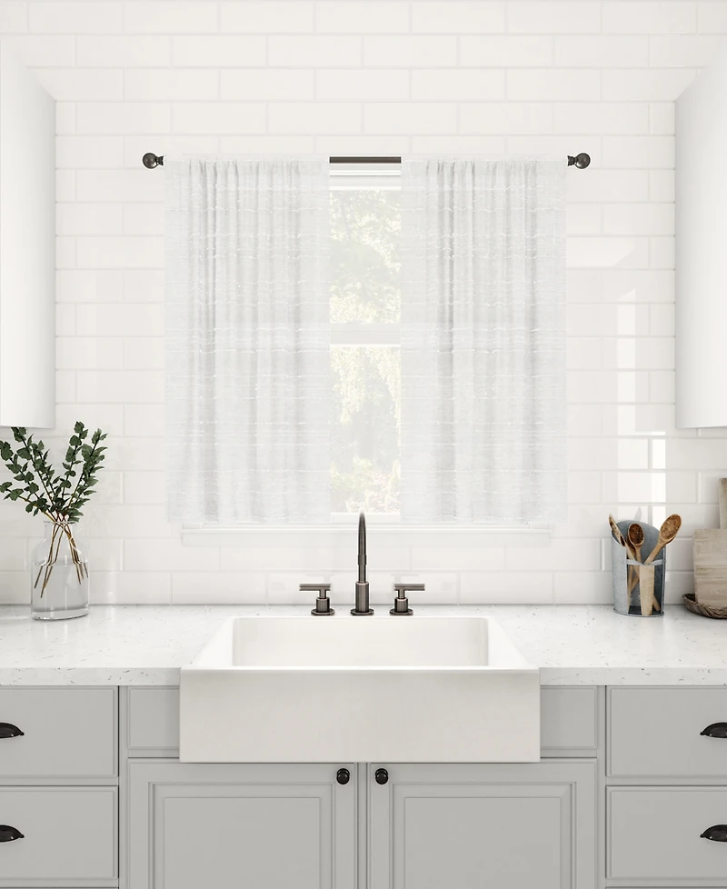 Textured Slub Stripe Anti-Dust Linen Blend Sheer Cafe Curtain Pair
