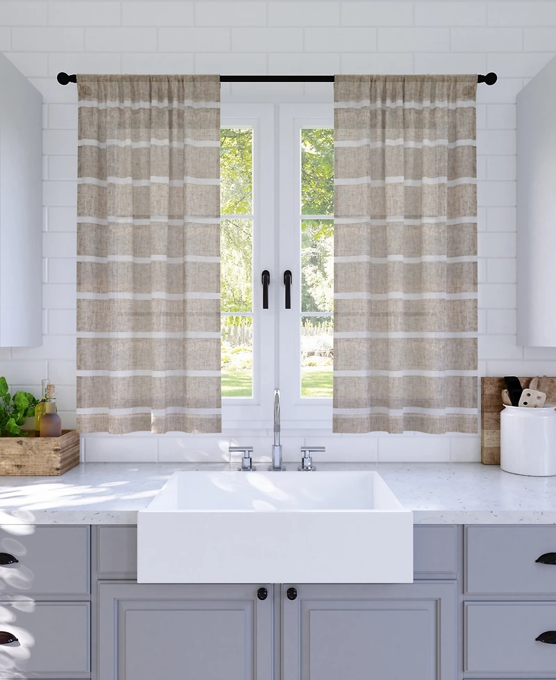 Twill Stripe Anti-Dust Linen Blend Sheer Cafe Curtain Pair