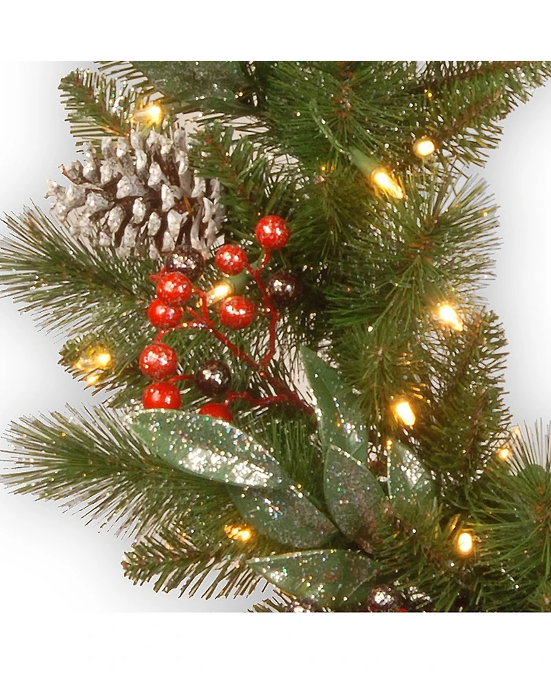 National Tree Company 24" Frosted Pine Berry Collection Wreaths with Cones, Red Berries, Silver Glittered Eucalyptus Leaves & Warm White Battery Opera