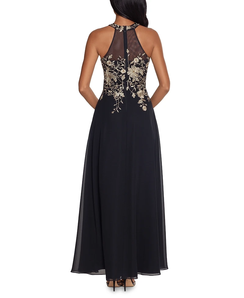 Betsy & Adam Embellished Chiffon Illusion Gown