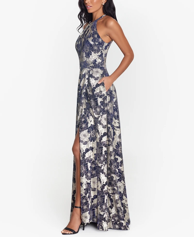 Betsy & Adam Petite Floral Halter-Neck Gown