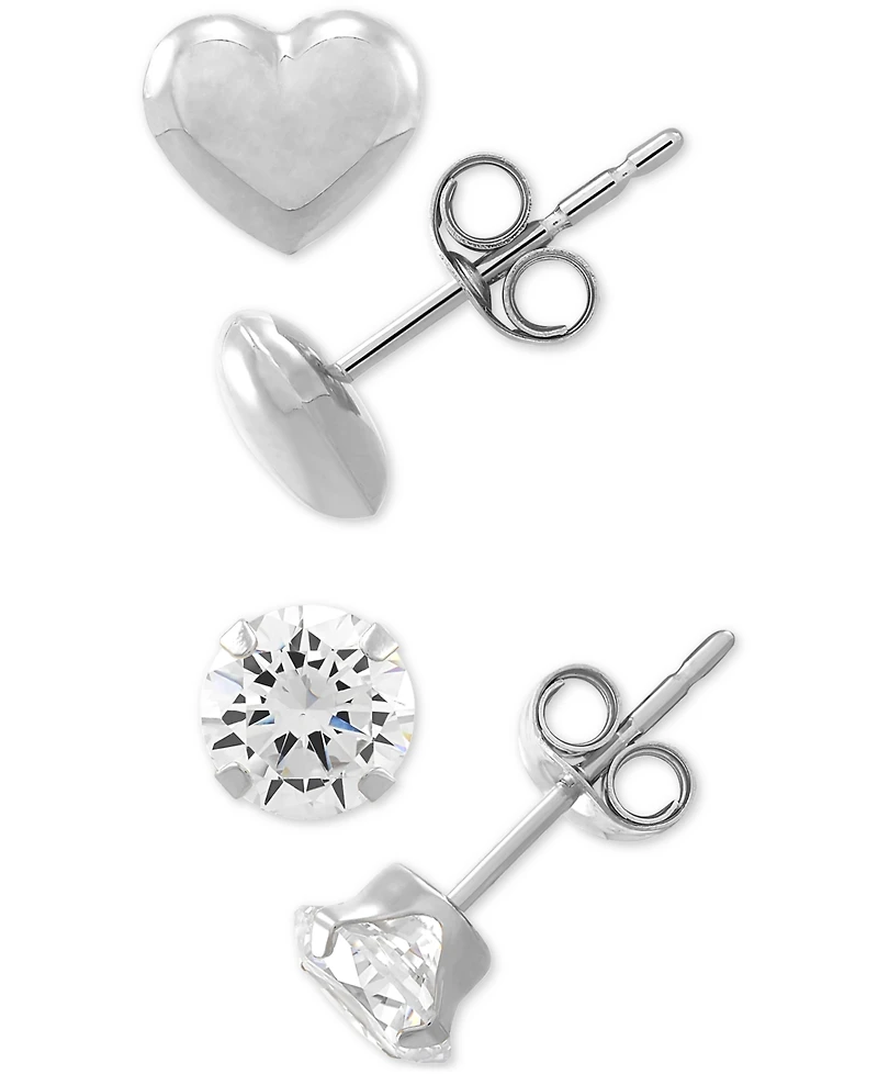 2-Pc. Set Cubic Zirconia & Heart Stud Earrings