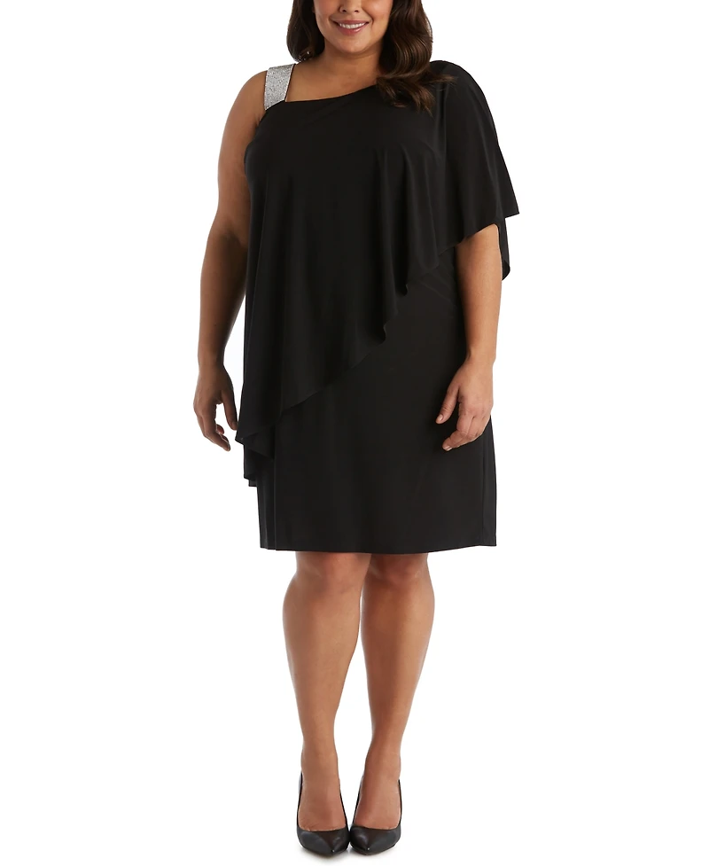 R & M Richards Plus Size Rhinestone-Trim One-Shoulder Dress