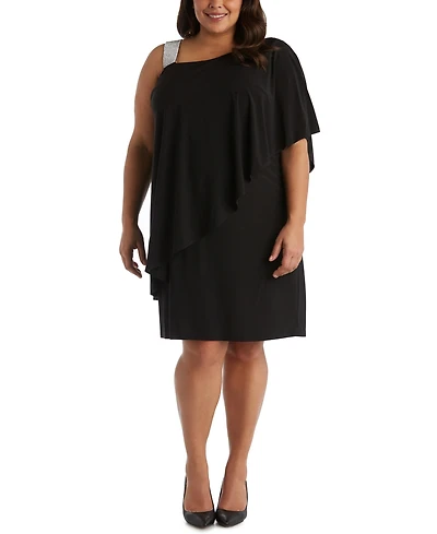 R & M Richards Plus Size Rhinestone-Trim One-Shoulder Dress