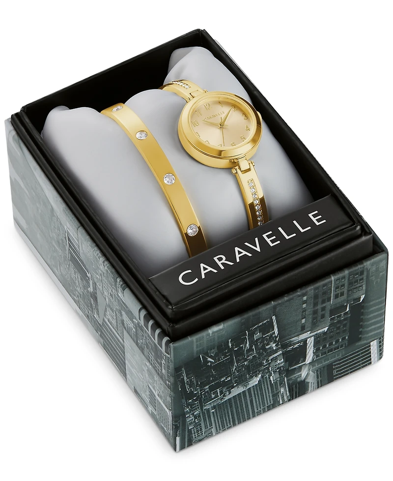 Caravelle Women's Gold-Tone Stainless Steel Bangle Bracelet Watch 26mm Gift Set