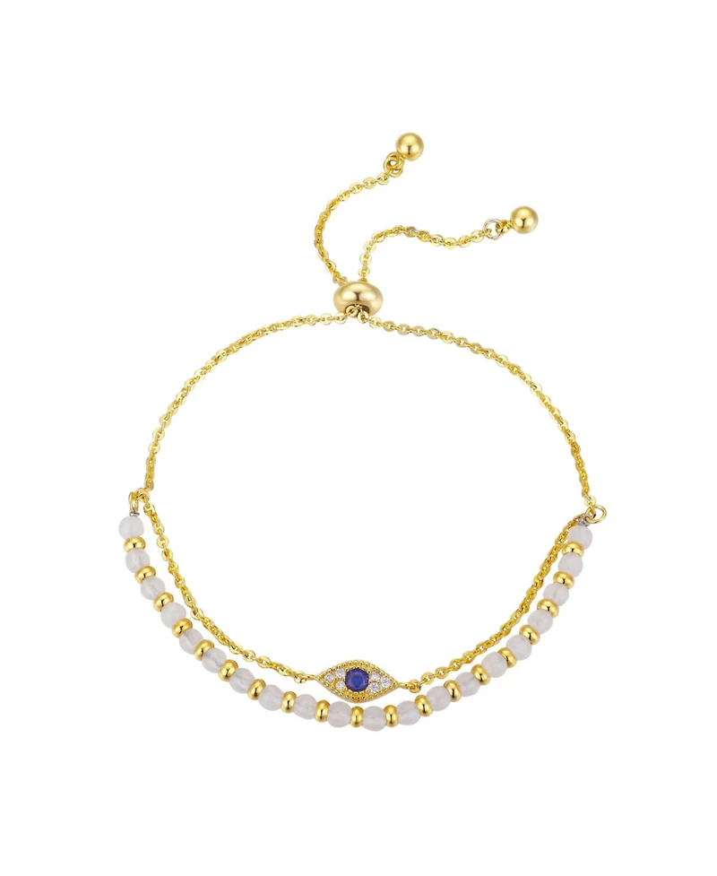 Gold Flash-Plated Genuine White Quartz Evil Eye Multi-Strand Adjustable Bolo Bracelet