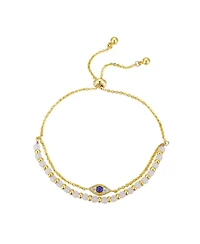 Gold Flash-Plated Genuine White Quartz Evil Eye Multi-Strand Adjustable Bolo Bracelet