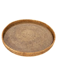 Artifacts Trading Company Rattan Round Serving-Ottoman Tray with Glass Insert