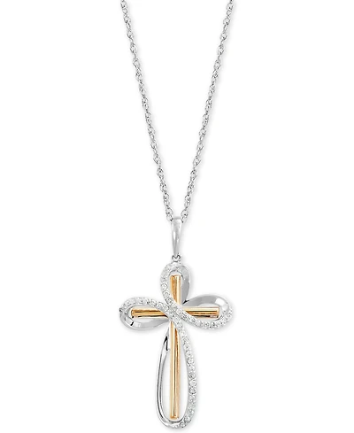 Diamond Cross 18" Pendant Necklace (1/5 ct. t.w.) in Sterling Silver & 10k Gold