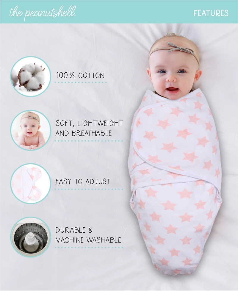 The Peanutshell Newborn Swaddles for Baby Girls, 3 Pack Set, Pink Floral Stars