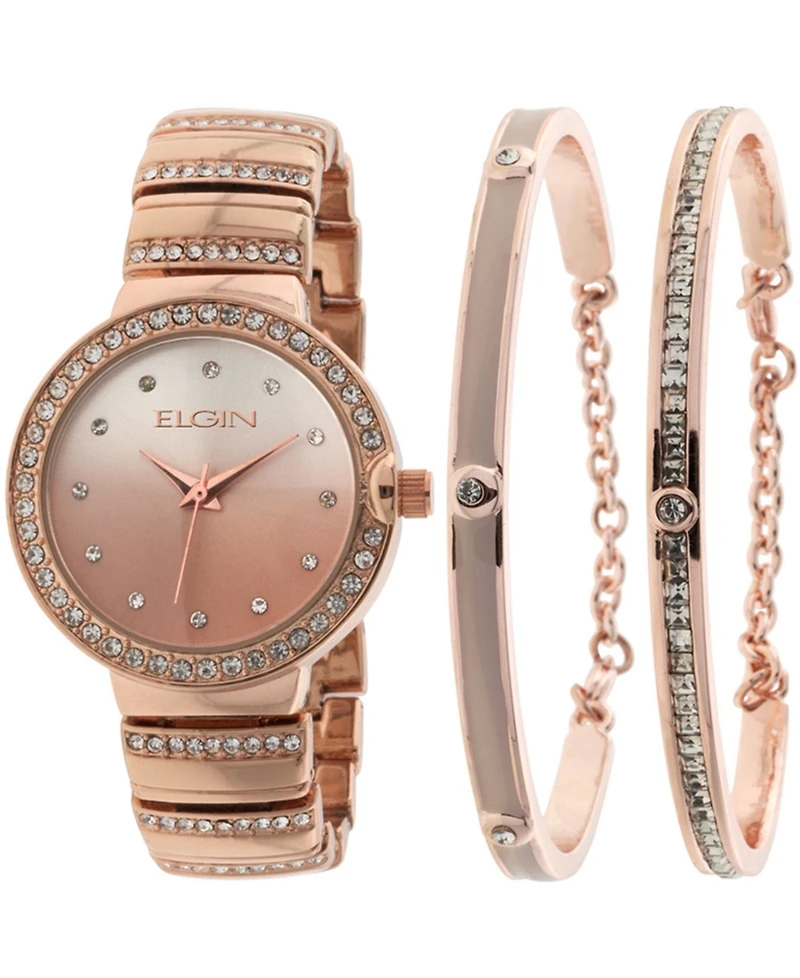 Elgin Women's 3 Piece Rose Gold-Tone Strap Watch and Bracelet Set