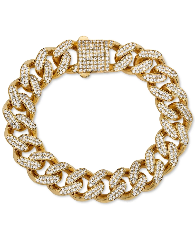 Men's Cubic Zirconia Curb Link Chain Bracelet in 24k Gold-Plated Sterling Silver