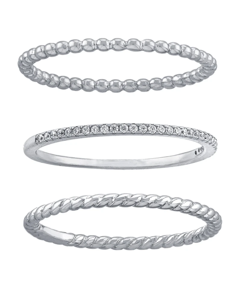 Cubic Zirconia and Twisted Band Beaded Stackable Ring Trios Gold Over Sterling Silver