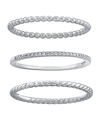 Cubic Zirconia and Twisted Band Beaded Stackable Ring Trios Gold Over Sterling Silver