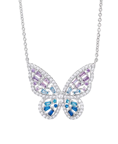 Cubic Zirconia Red Ombre Butterfly Pendant 18" Necklace Silver Plate, Gold or Rose Plate