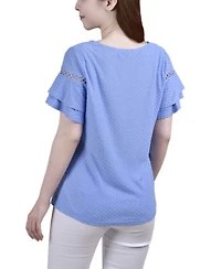 Ny Collection Petite Short Double Flutter Sleeve Swiss Dot Top