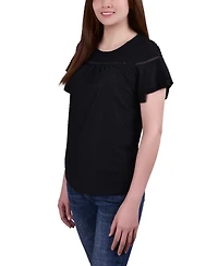 Ny Collection Petite Short Double Flutter Sleeve Swiss Dot Top