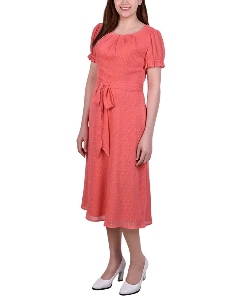 Ny Collection Petite Short Sleeve Belted Swiss Dot Dress
