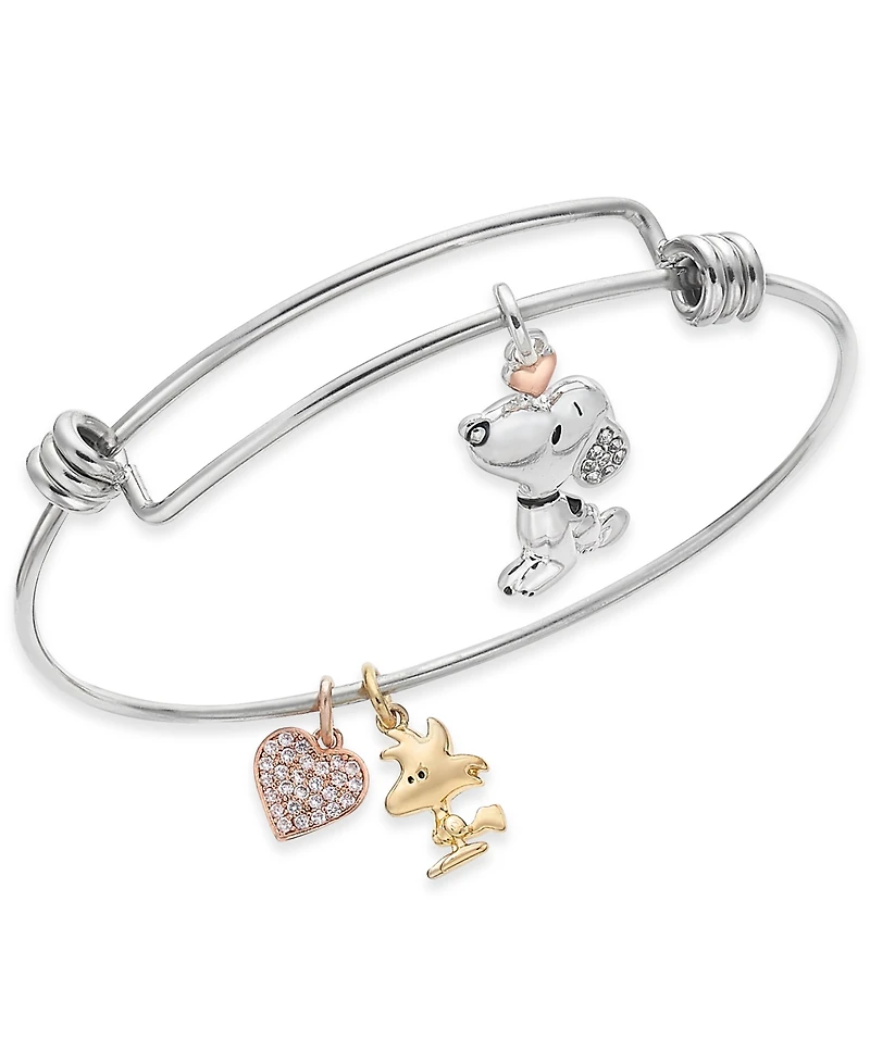 Unwritten Snoopy & Woodstock Bangle Bracelet in Stainless Steel with Silver Plated Charms