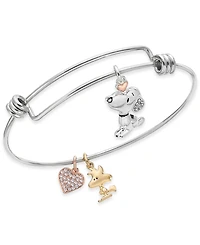 Unwritten Snoopy & Woodstock Bangle Bracelet in Stainless Steel with Silver Plated Charms