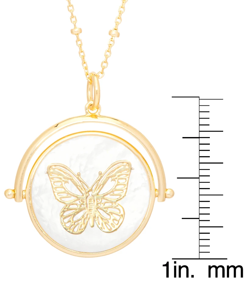 Mother of Pearl Cubic Zirconia Butterfly Pendant 18" Necklace in Gold Plate