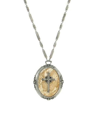 14K Gold Dipped Oval Riverstone Cross Pendant Necklace