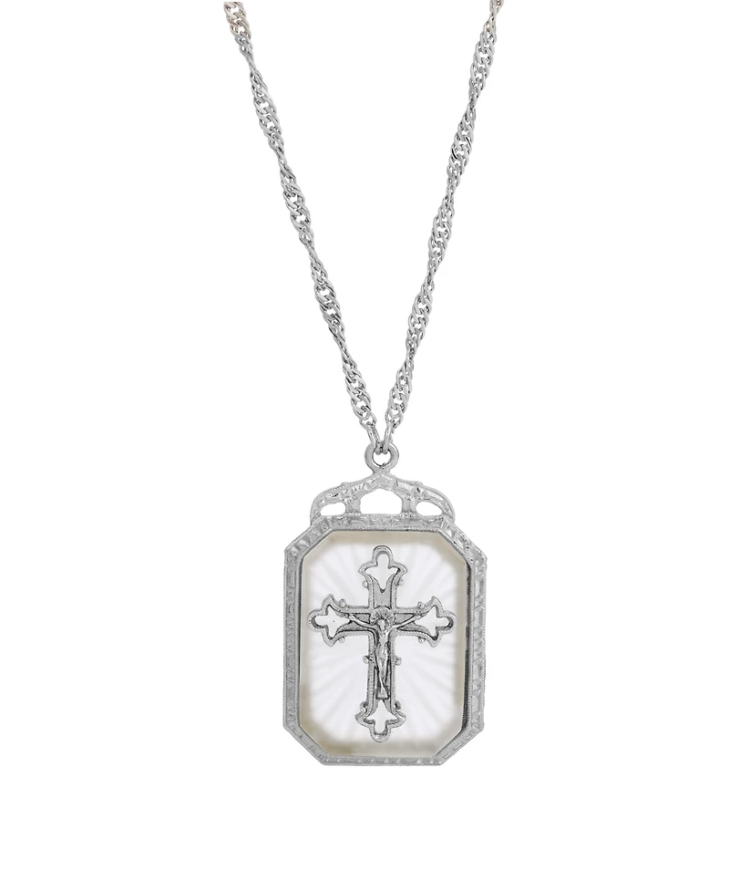 Silver-Tone Frosted Stone with Crystal Cross Large Pendant Necklace