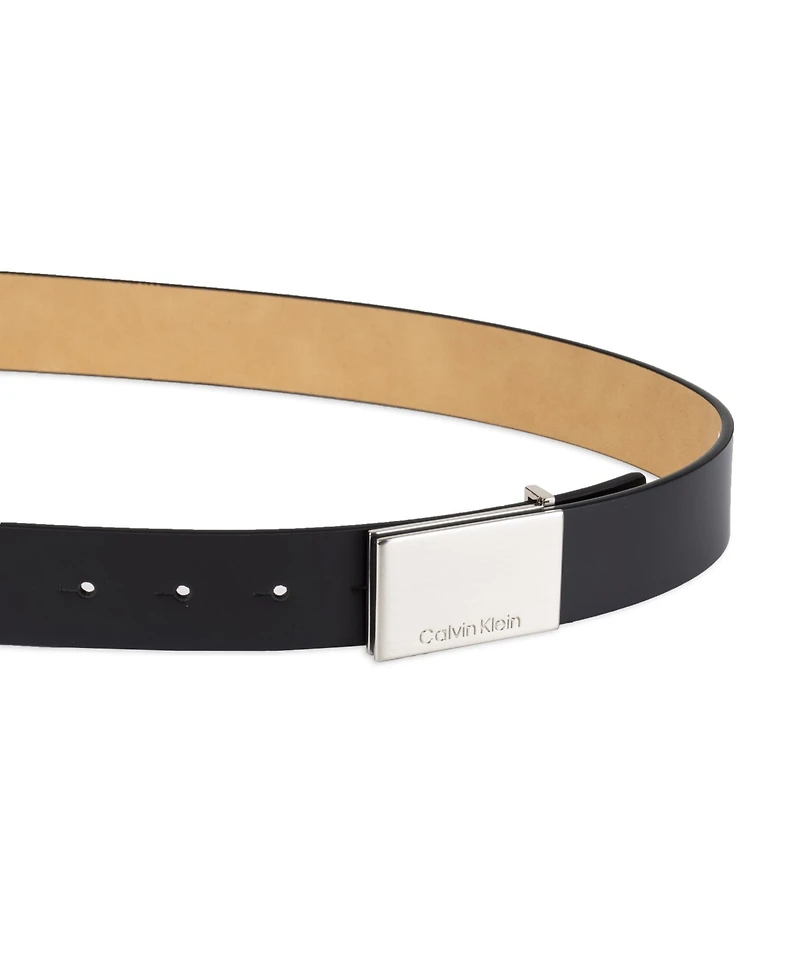 Calvin Klein Men's Casual Belt with Engraved Plaque Buckle