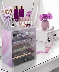 Sorbus 2 Piece Acrylic Makeup and Jewelry Storage Organizer Case (6 Drawers and Lipstick Tray) - Tie Dye Pink
