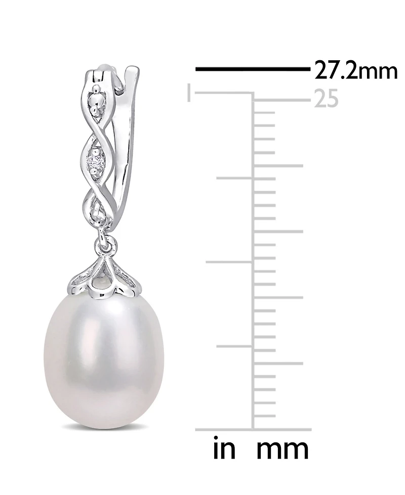Cultured Freshwater Pearl (8mm) & Diamond Accent Dangle Hoop Earrings in Sterling Silver