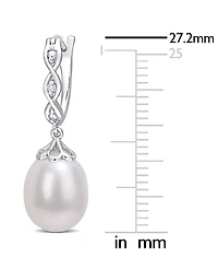 Cultured Freshwater Pearl (8mm) & Diamond Accent Dangle Hoop Earrings in Sterling Silver