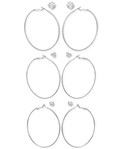 Guess Silver-Tone 6-Pc. Set Mixed Crystal Stud & Textured Hoop Earrings