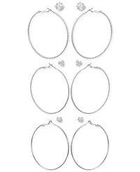 Guess Silver-Tone 6-Pc. Set Mixed Crystal Stud & Textured Hoop Earrings