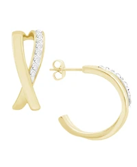 Essentials High Polished Clear Crystal Cross Over C Hoop Earring, Gold Plate and Silver