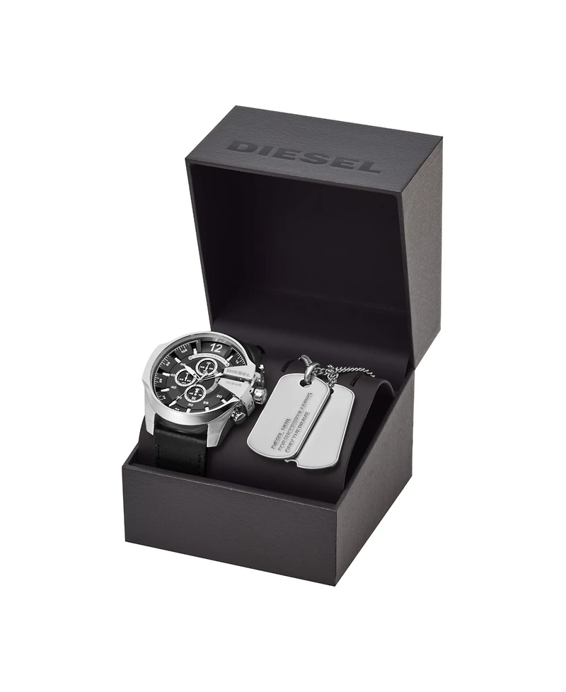 Diesel Men's Mega Chief Chronograph Black Leather Watch And Necklace Set 51mm