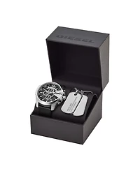Diesel Men's Mega Chief Chronograph Black Leather Watch And Necklace Set 51mm