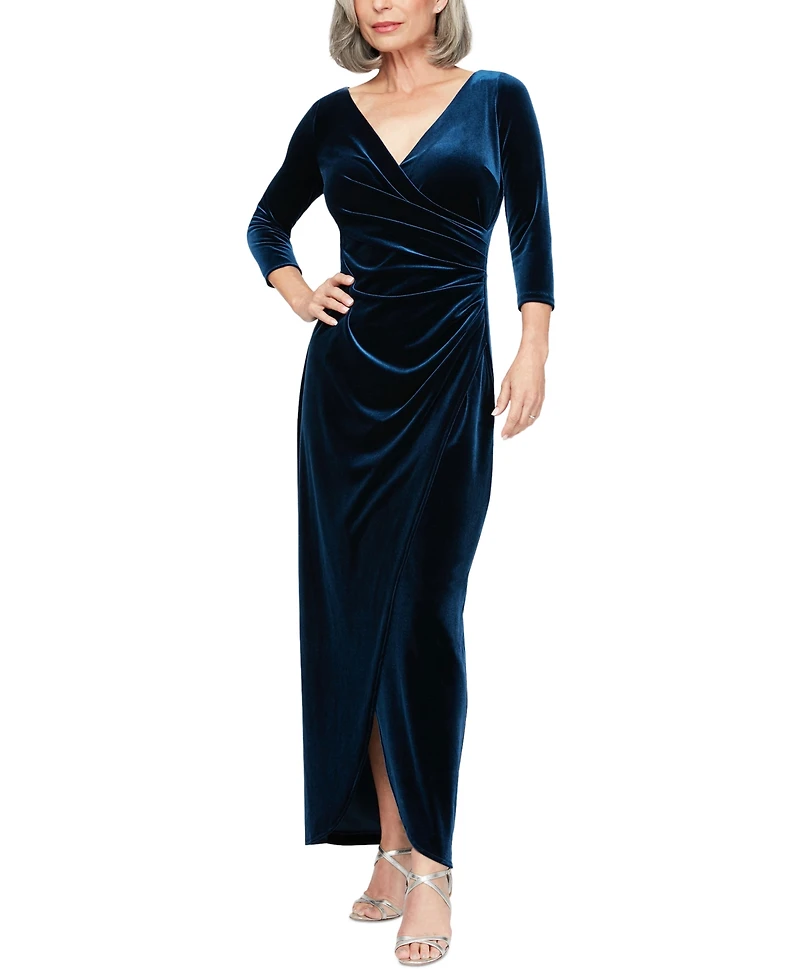 Alex Evenings Women's Velvet Ruched 3/4-Sleeve Gown