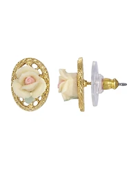 2028 14K Gold Plated Rose Oval Lattice Button Earrings