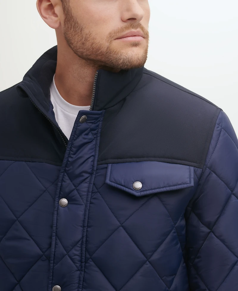 Cole Haan Men's Mixed Media Diamond Quilt with Faux Sherpa Lining Coat