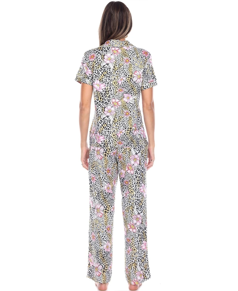 White Mark Women's Short Sleeve Pants Tropical Pajama Set, 2-Piece