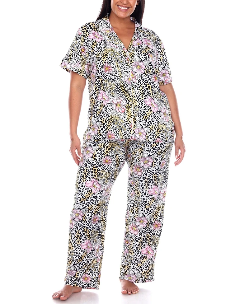 White Mark Plus Short Sleeve Pants Tropical Pajama Set, 2-Piece
